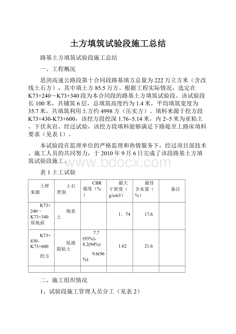 土方填筑试验段施工总结Word格式文档下载.docx