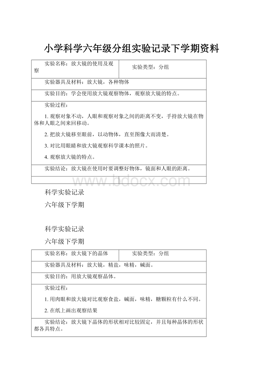 小学科学六年级分组实验记录下学期资料.docx