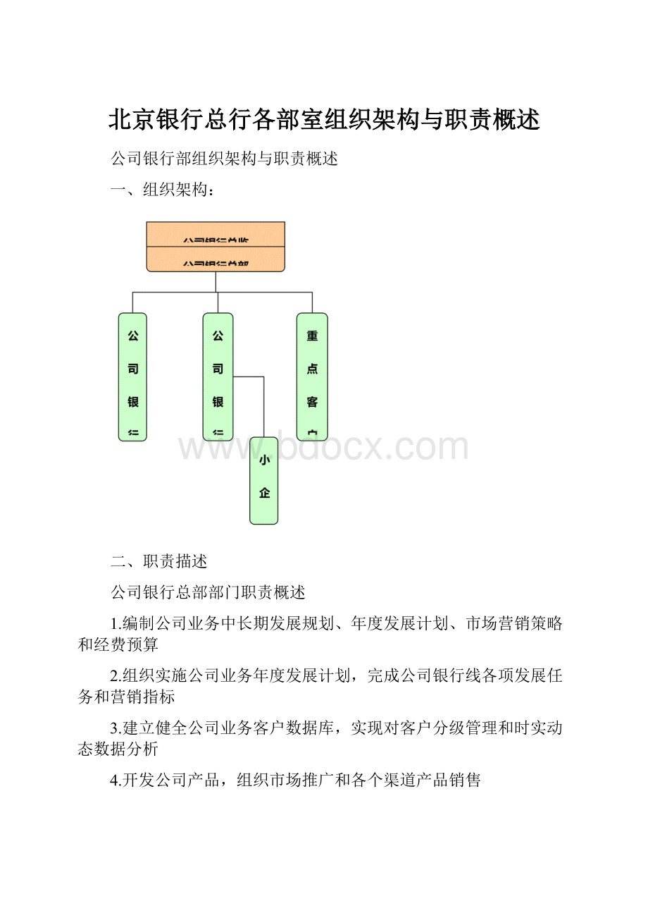 北京银行总行各部室组织架构与职责概述.docx