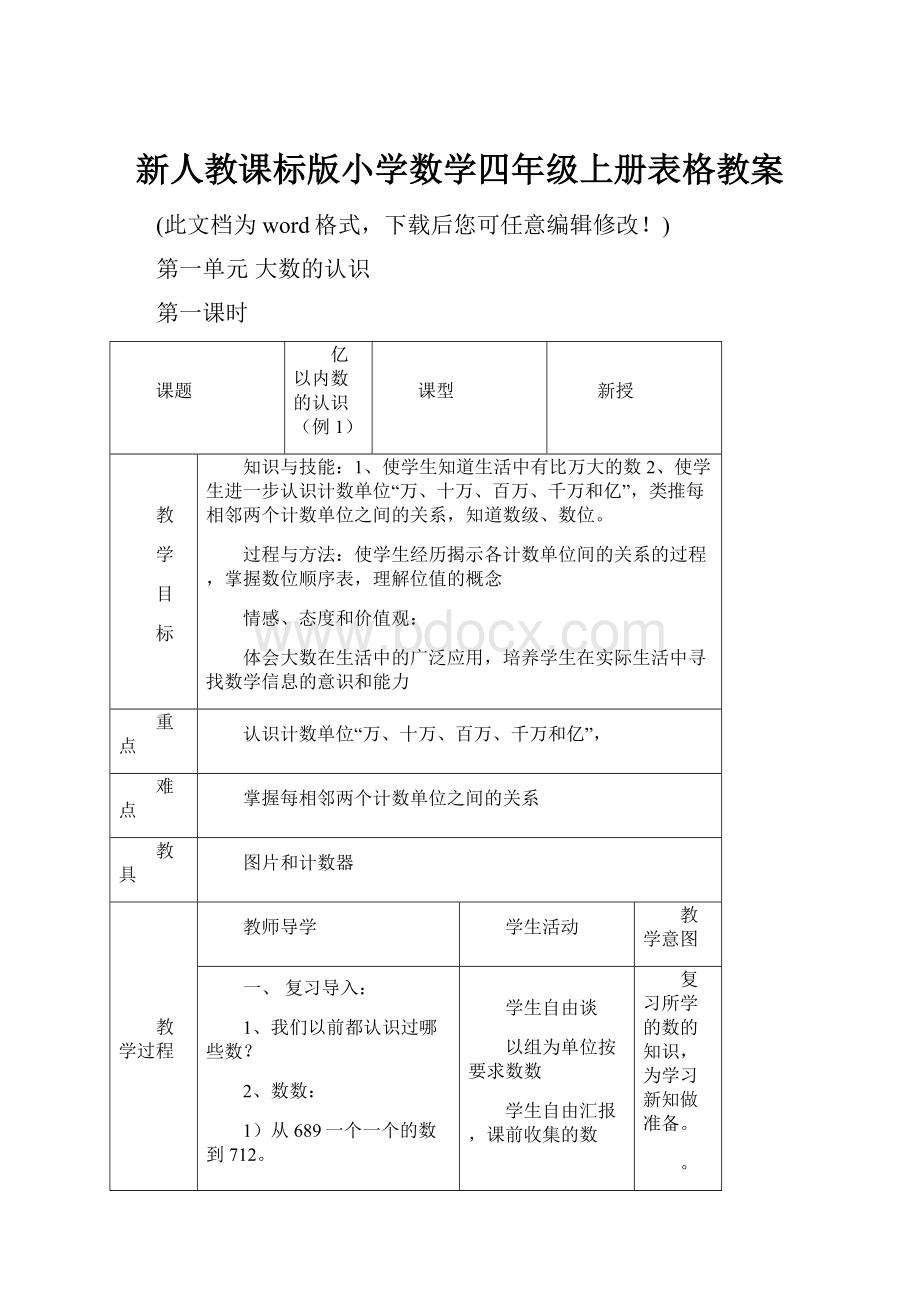 新人教课标版小学数学四年级上册表格教案.docx