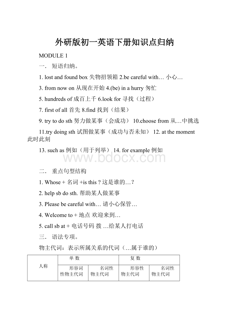 外研版初一英语下册知识点归纳Word格式.docx_第1页