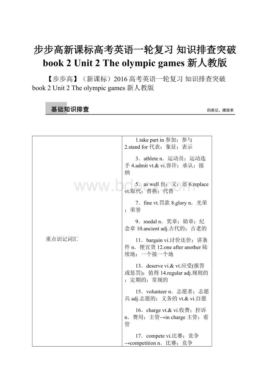 步步高新课标高考英语一轮复习 知识排查突破 book 2 Unit 2 The olympic games 新人教版.docx_第1页