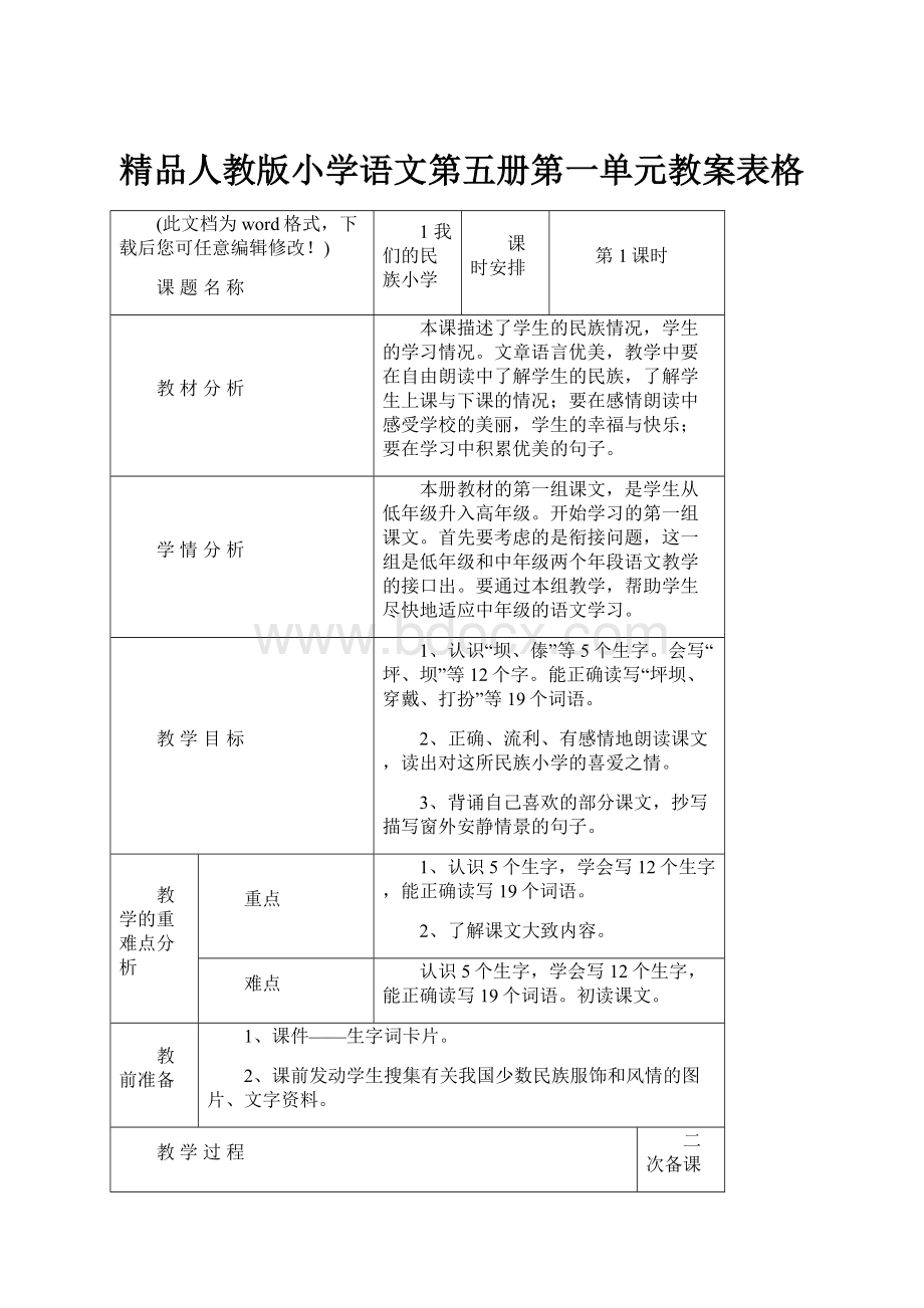 精品人教版小学语文第五册第一单元教案表格Word格式.docx_第1页