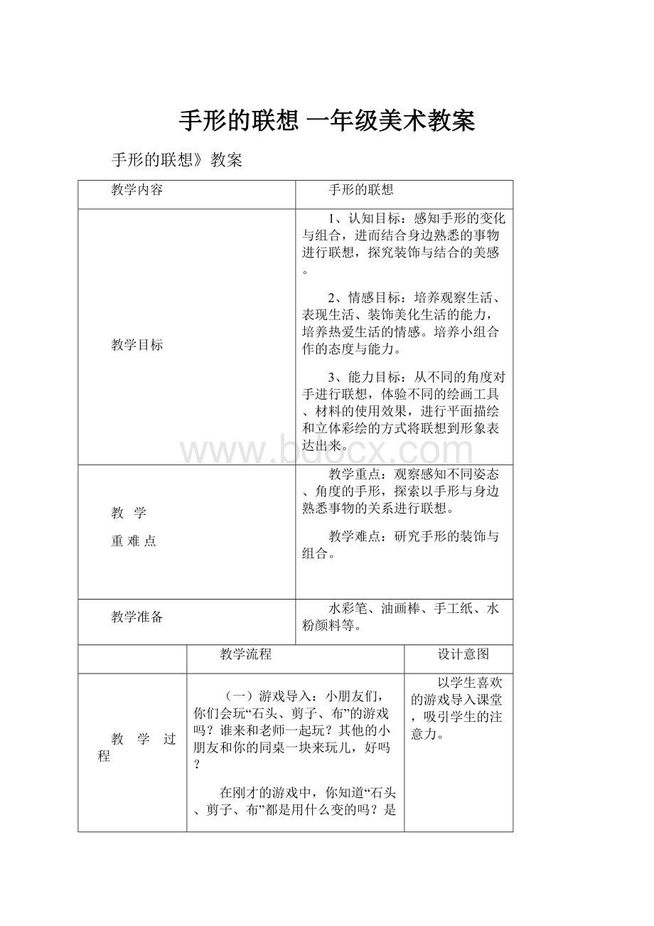 手形的联想 一年级美术教案Word文档格式.docx