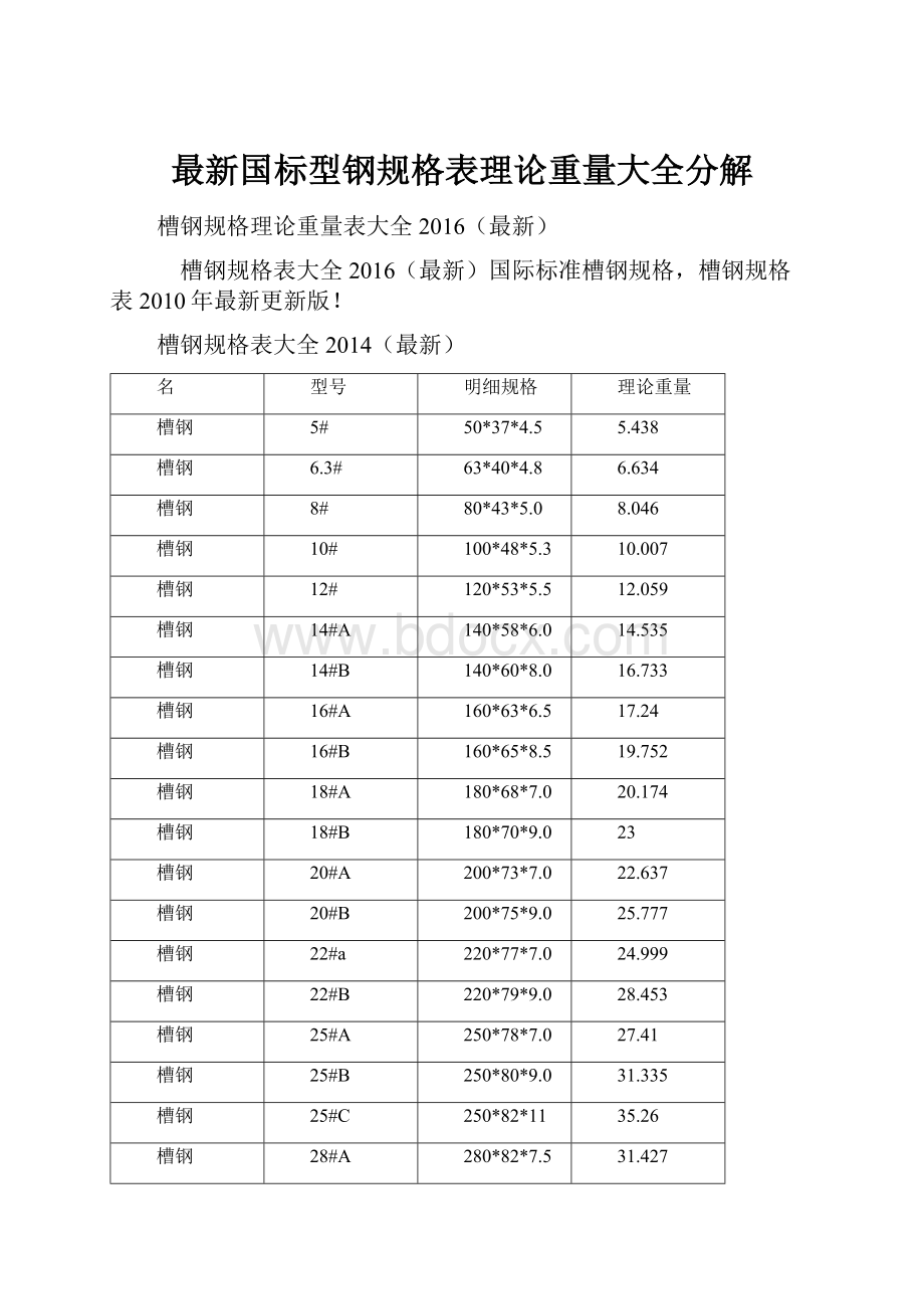 最新国标型钢规格表理论重量大全分解Word文件下载.docx