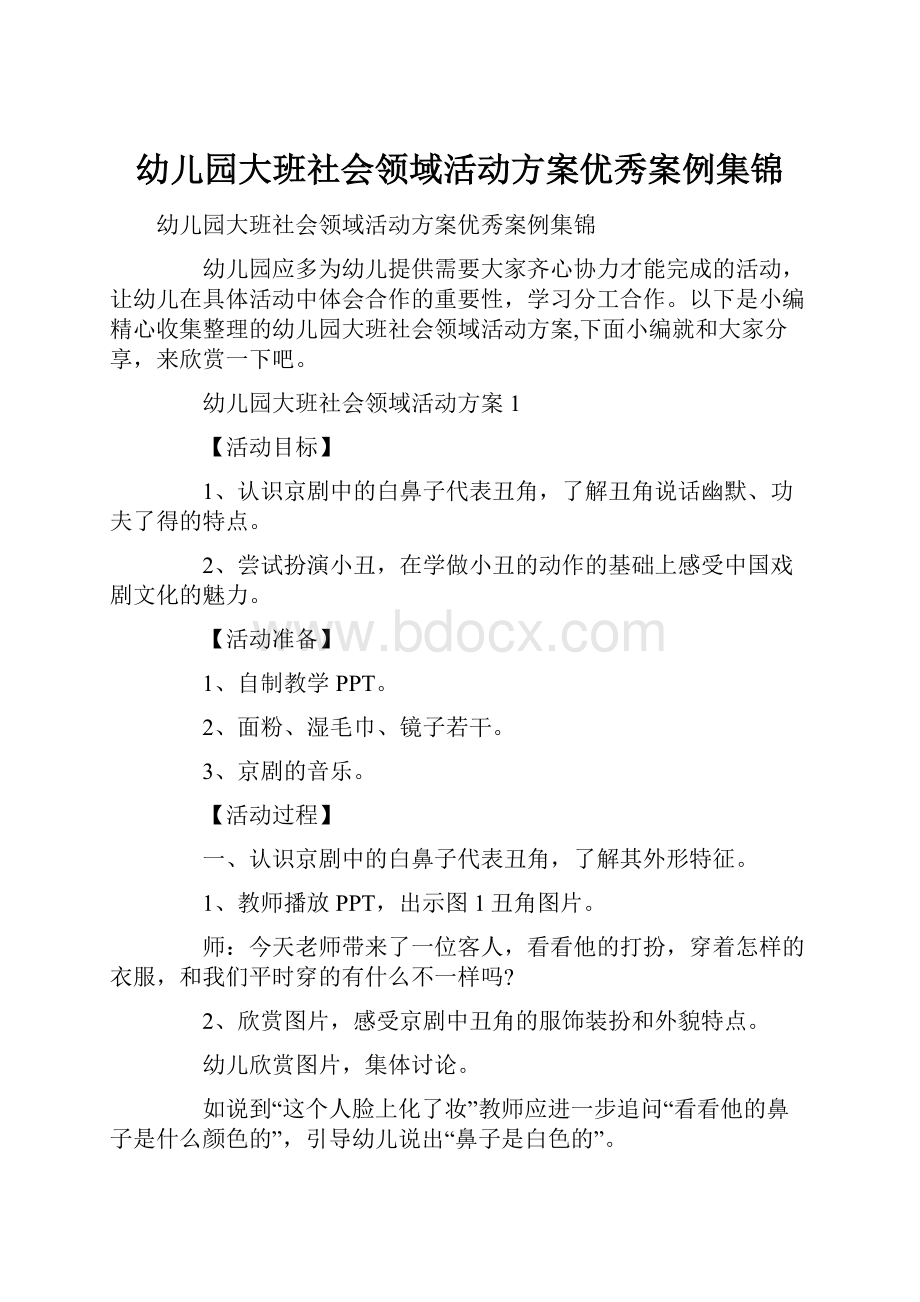 幼儿园大班社会领域活动方案优秀案例集锦文档格式.docx