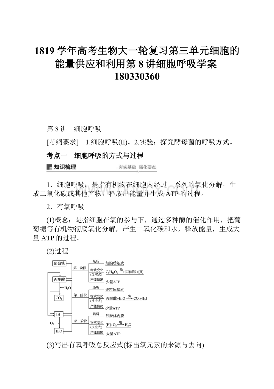 1819学年高考生物大一轮复习第三单元细胞的能量供应和利用第8讲细胞呼吸学案180330360Word文件下载.docx