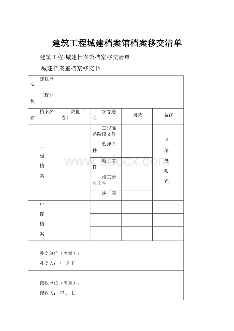 建筑工程城建档案馆档案移交清单文档格式.docx