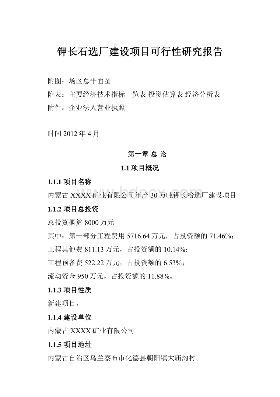 钾长石选厂建设项目可行性研究报告Word格式文档下载.docx_第1页