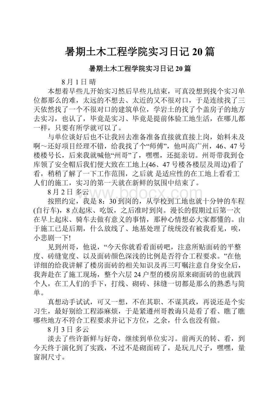 暑期土木工程学院实习日记20篇.docx_第1页