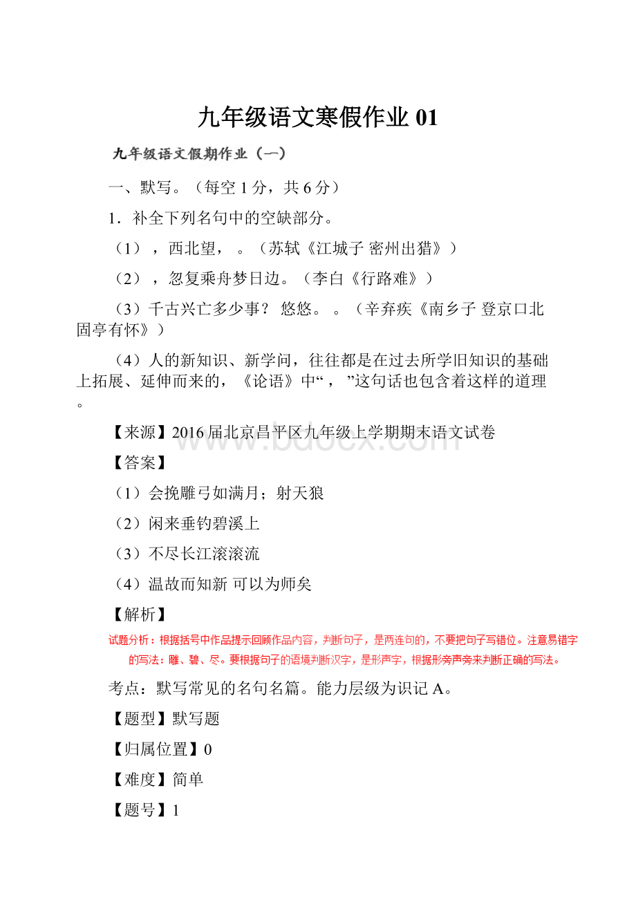 九年级语文寒假作业 01Word格式文档下载.docx