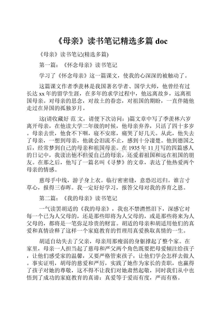 《母亲》读书笔记精选多篇doc文档格式.docx