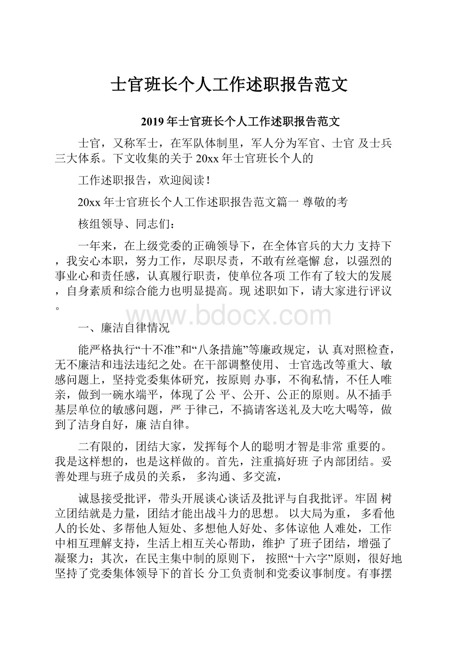 士官班长个人工作述职报告范文.docx