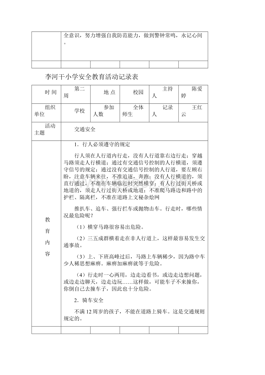 李河干小学安全教育活动记录表Word文档格式.docx_第3页