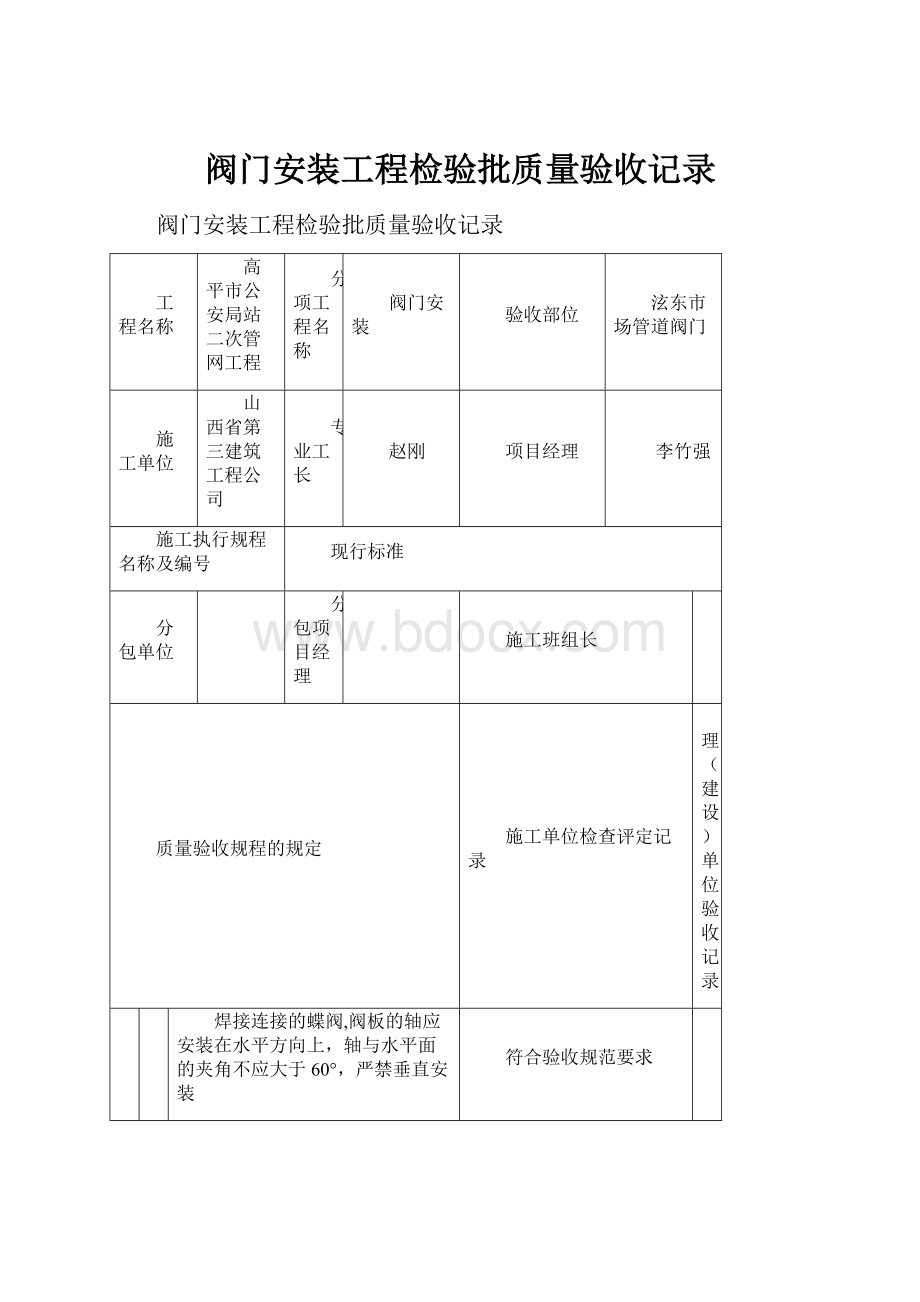 阀门安装工程检验批质量验收记录Word文档格式.docx