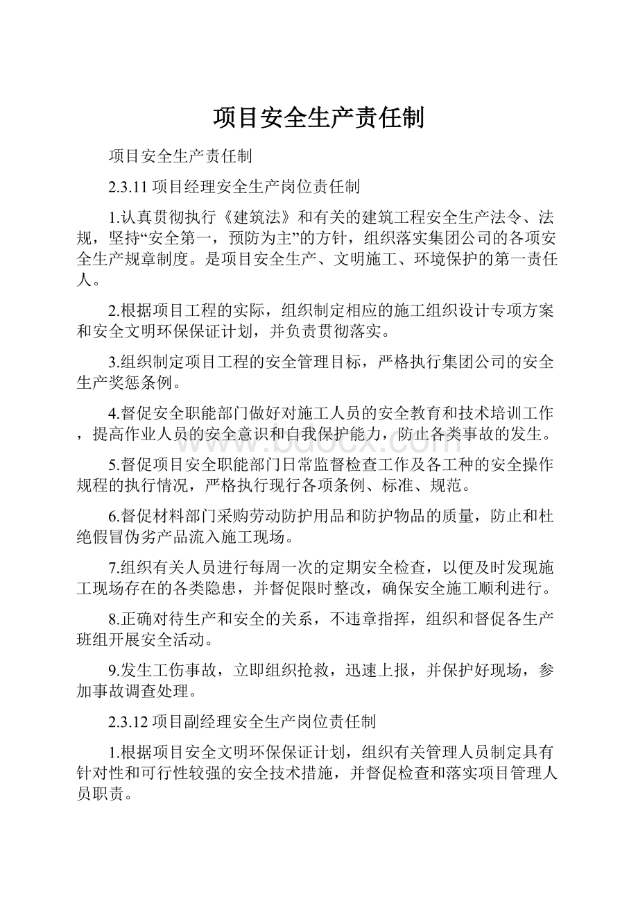 项目安全生产责任制Word格式文档下载.docx