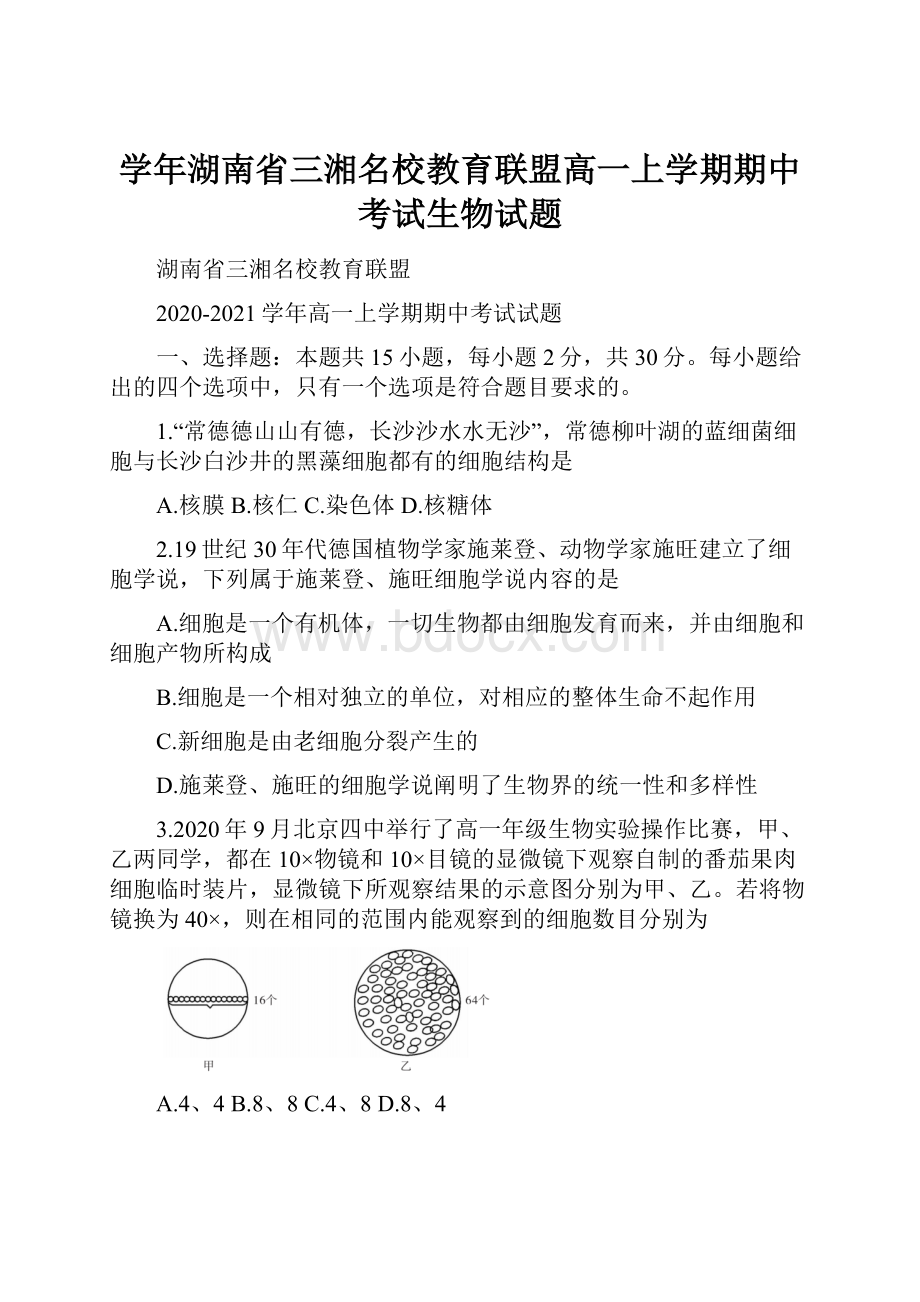 学年湖南省三湘名校教育联盟高一上学期期中考试生物试题Word文档格式.docx