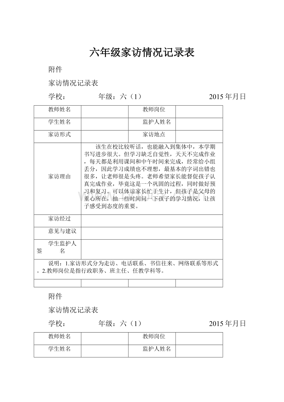 六年级家访情况记录表Word文档下载推荐.docx