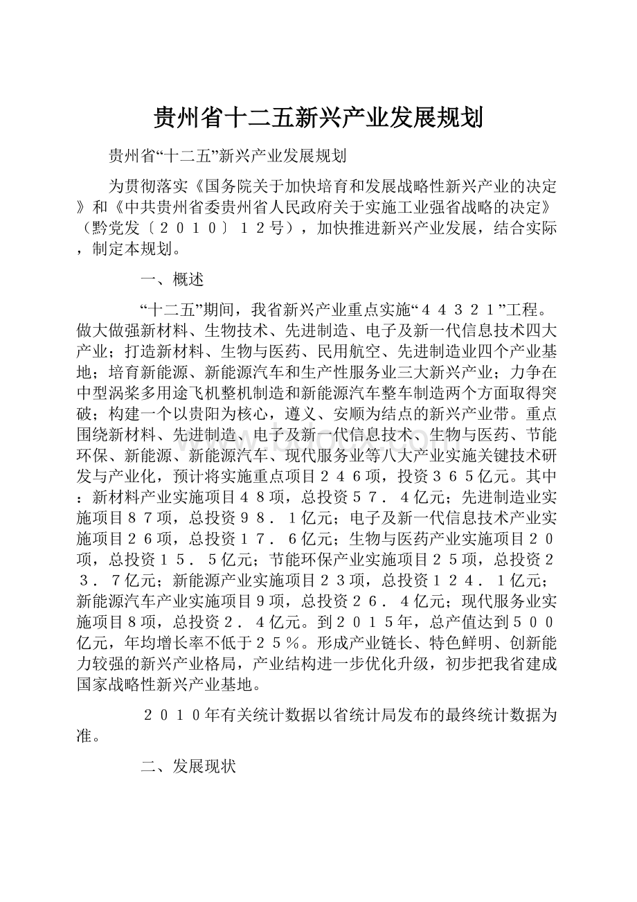 贵州省十二五新兴产业发展规划Word文件下载.docx