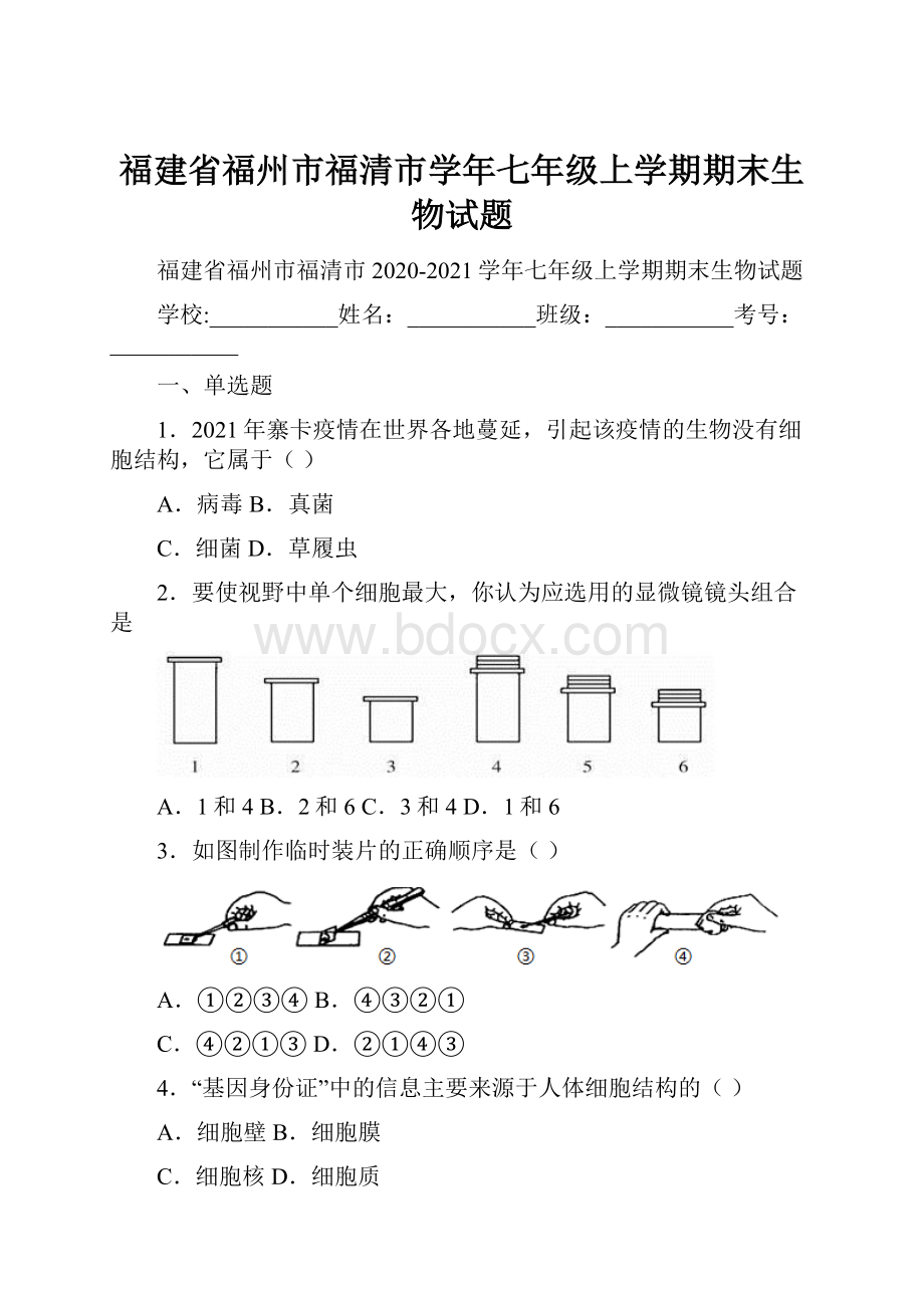 福建省福州市福清市学年七年级上学期期末生物试题Word下载.docx_第1页