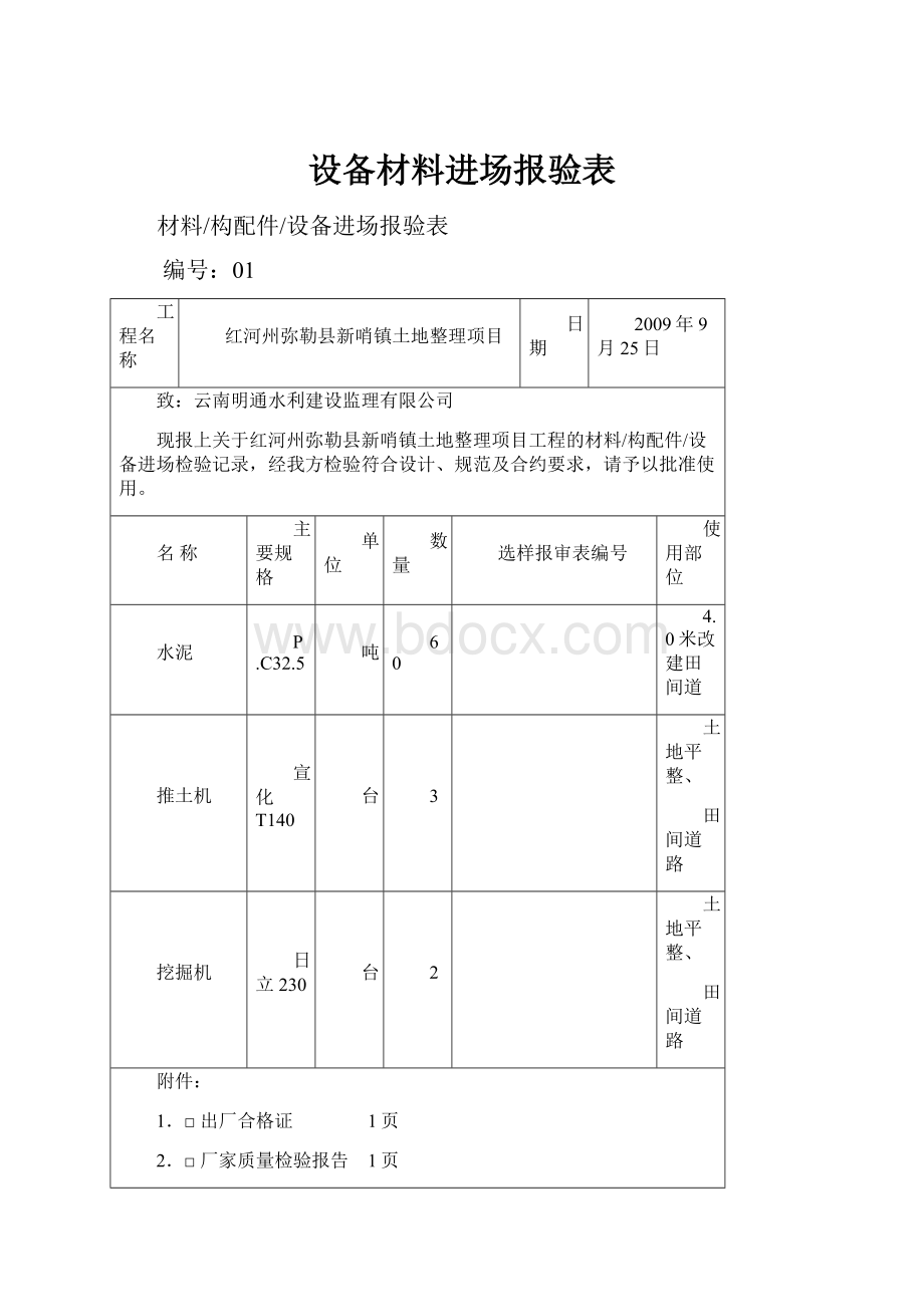 设备材料进场报验表Word文件下载.docx