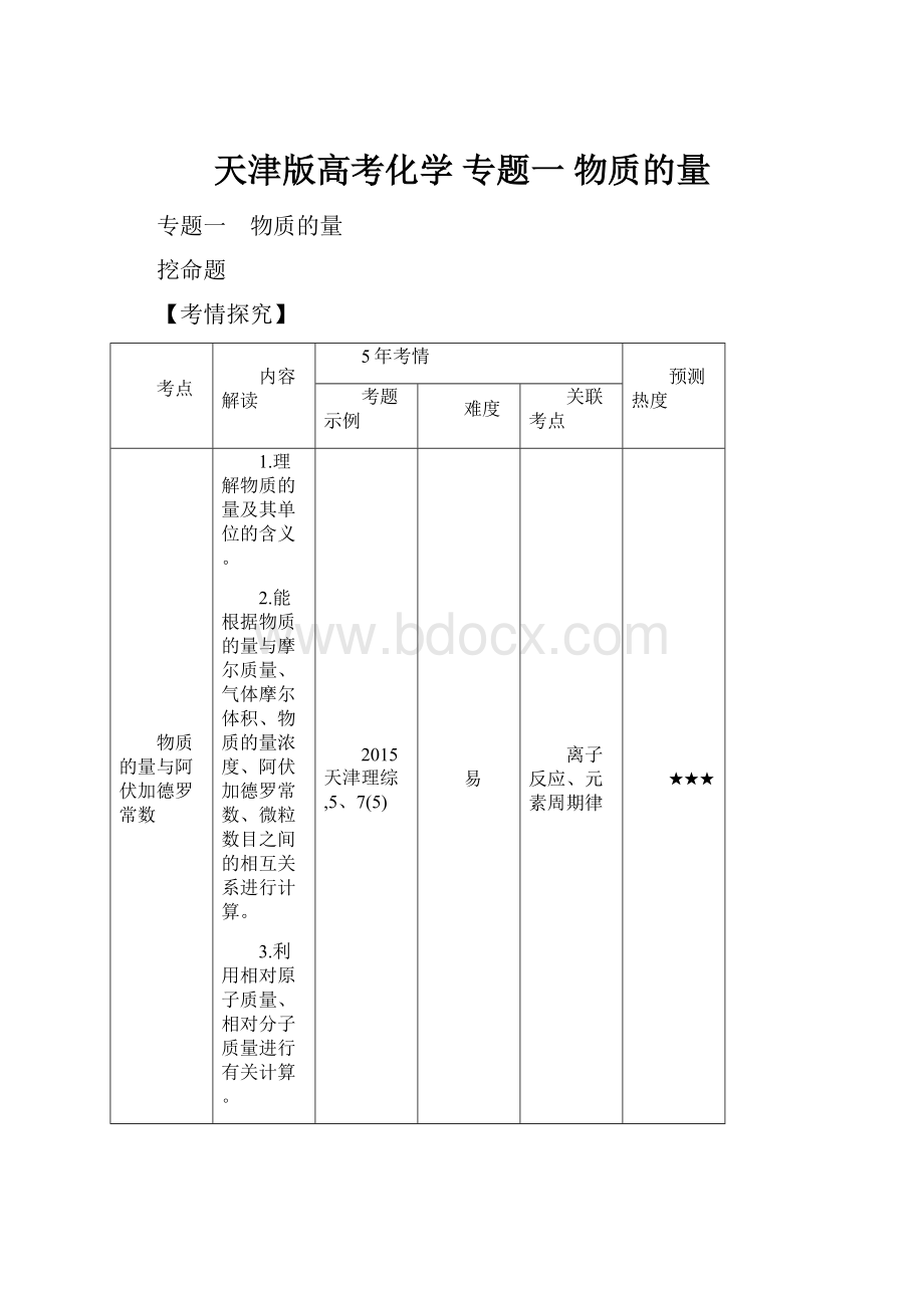 天津版高考化学 专题一 物质的量Word格式文档下载.docx