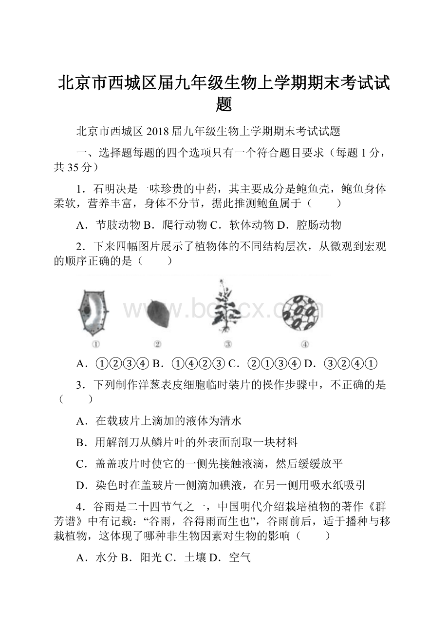 北京市西城区届九年级生物上学期期末考试试题Word格式文档下载.docx_第1页