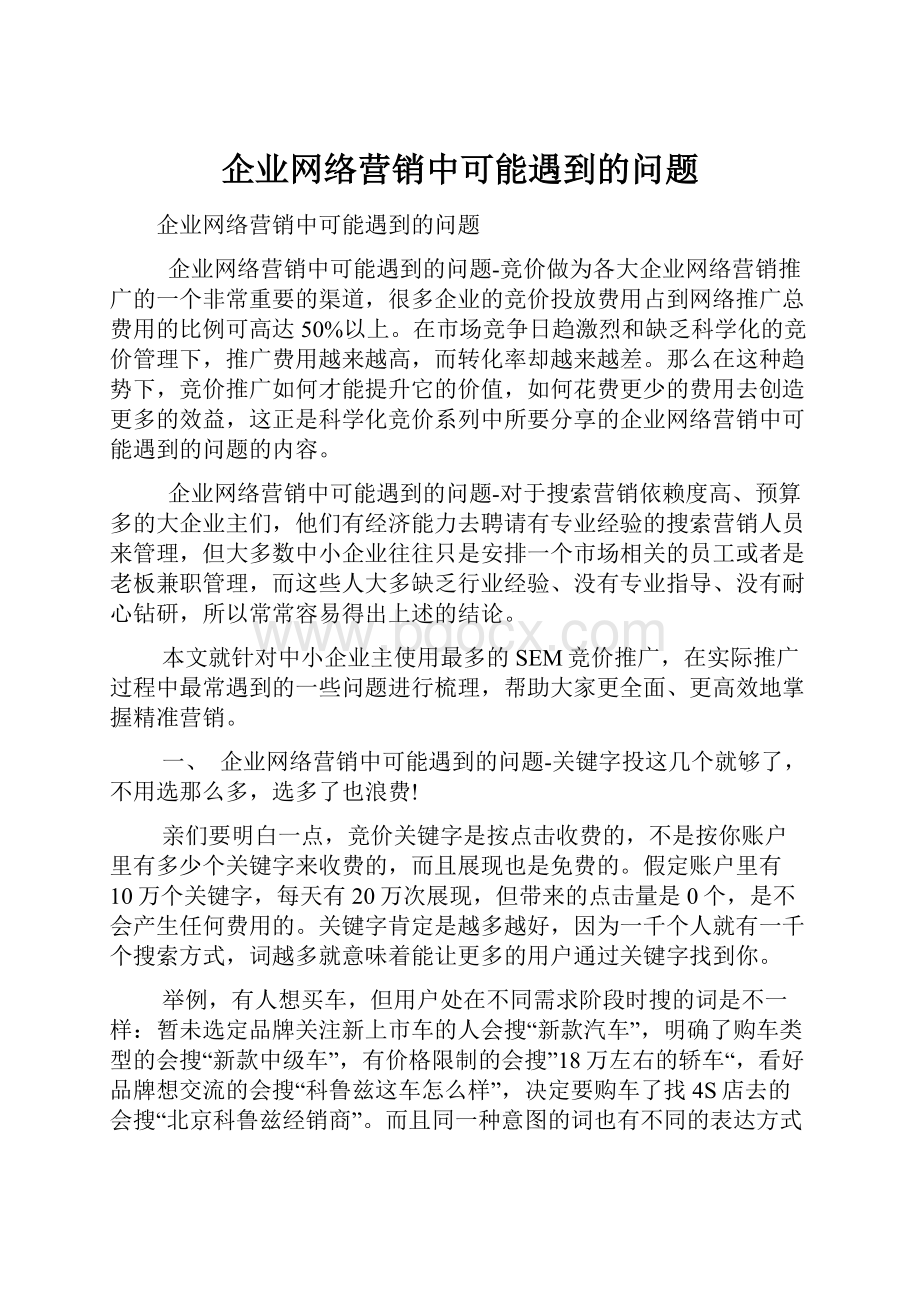 企业网络营销中可能遇到的问题Word下载.docx