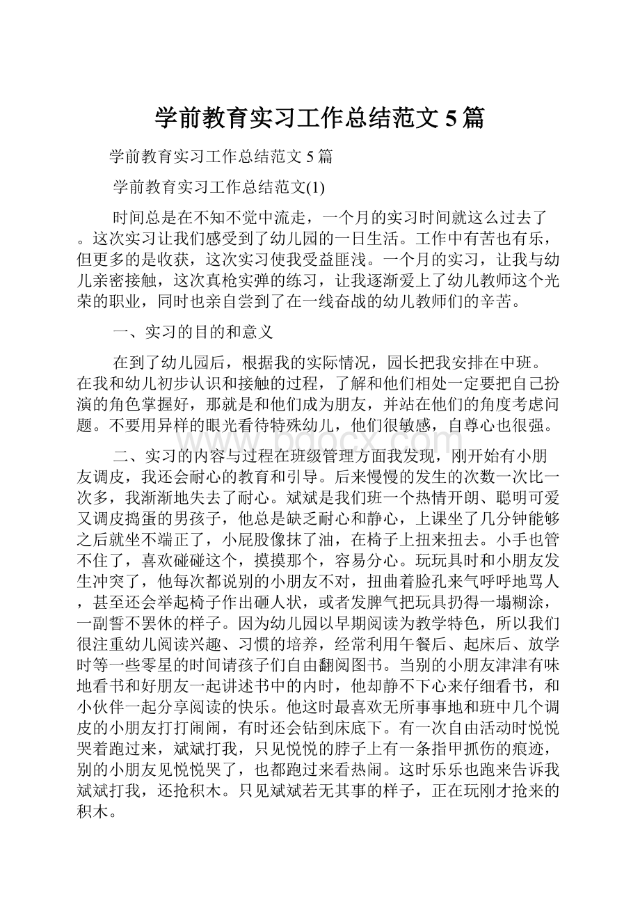 学前教育实习工作总结范文5篇Word文档下载推荐.docx_第1页