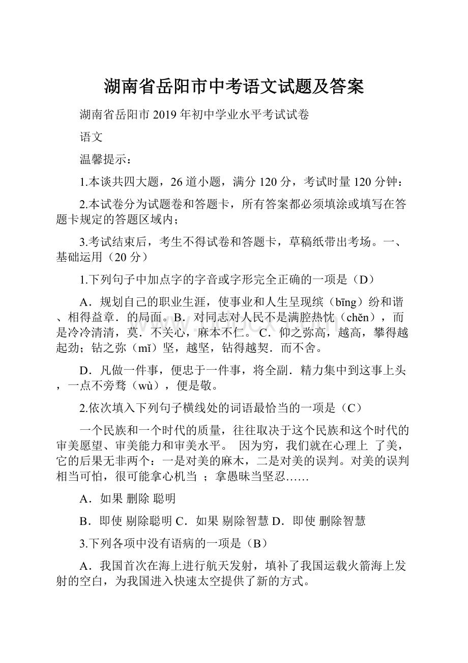 湖南省岳阳市中考语文试题及答案.docx