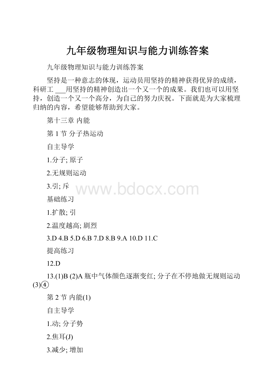 九年级物理知识与能力训练答案.docx