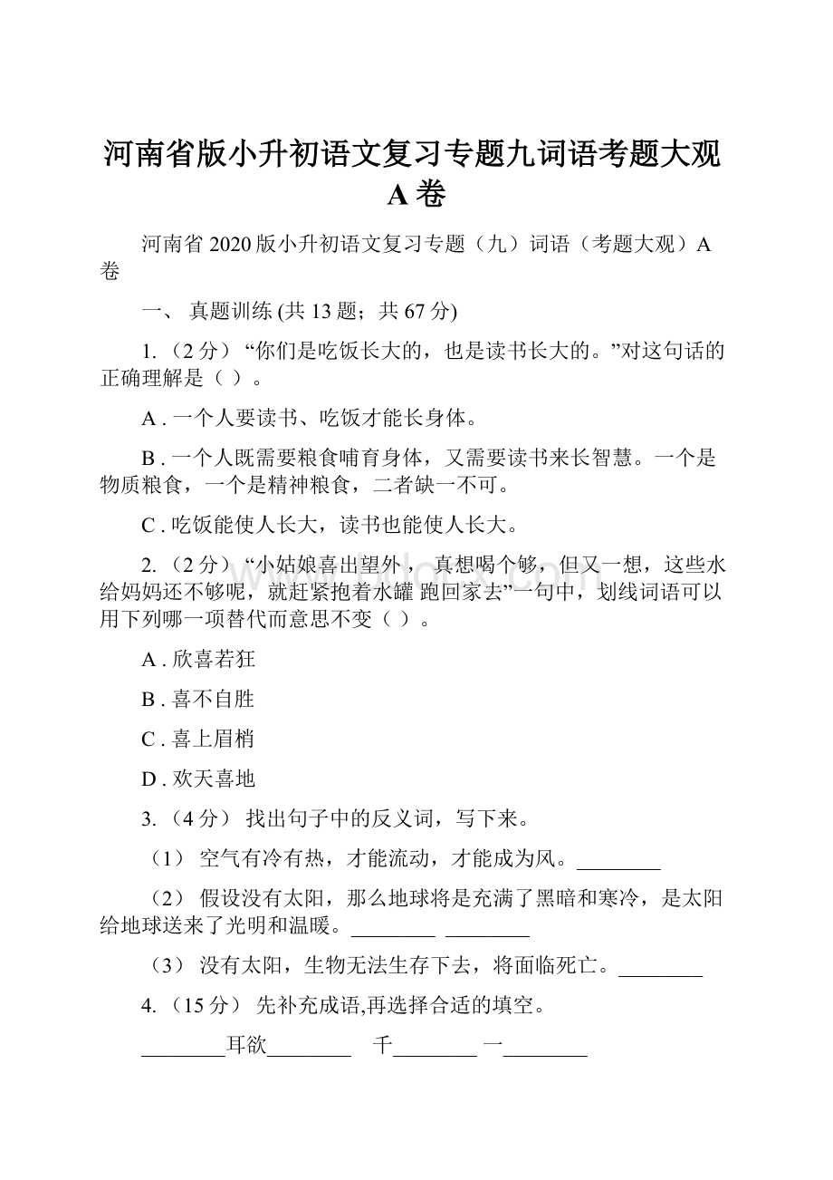 河南省版小升初语文复习专题九词语考题大观A卷Word文件下载.docx