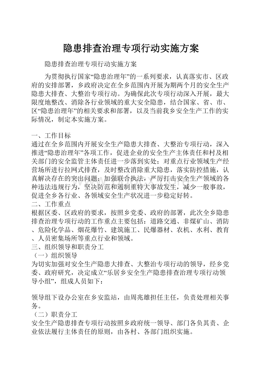 隐患排查治理专项行动实施方案文档格式.docx