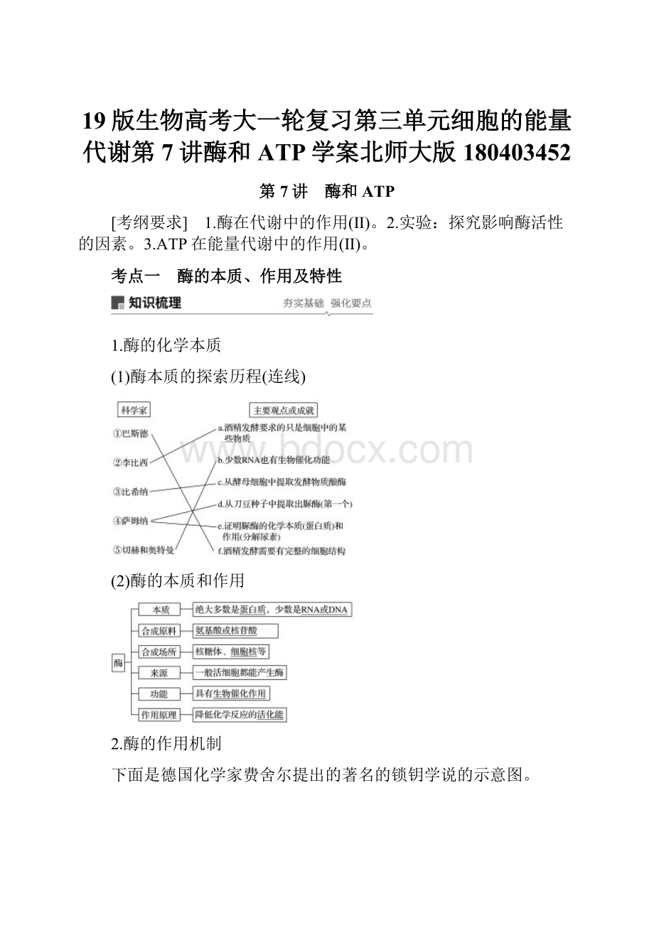 19版生物高考大一轮复习第三单元细胞的能量代谢第7讲酶和ATP学案北师大版180403452Word文档下载推荐.docx_第1页