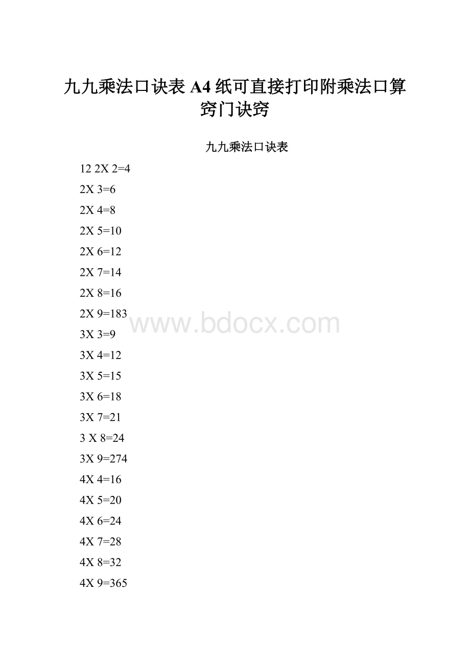 九九乘法口诀表A4纸可直接打印附乘法口算窍门诀窍.docx_第1页