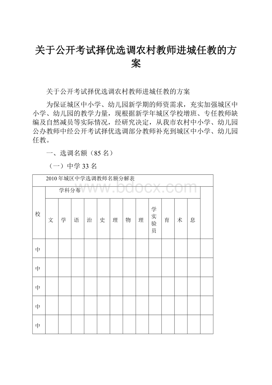 关于公开考试择优选调农村教师进城任教的方案Word格式文档下载.docx_第1页