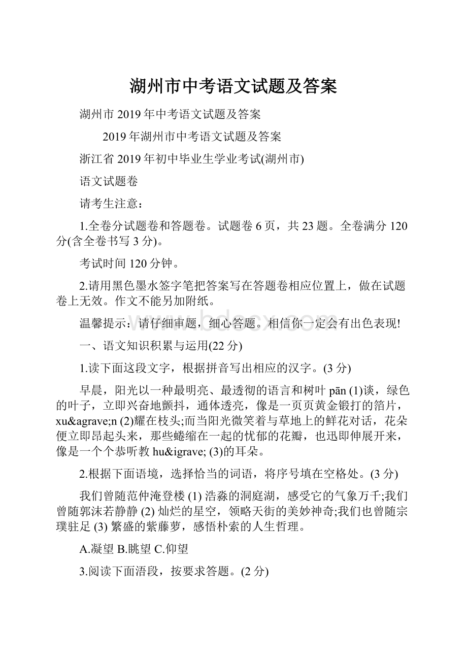 湖州市中考语文试题及答案.docx