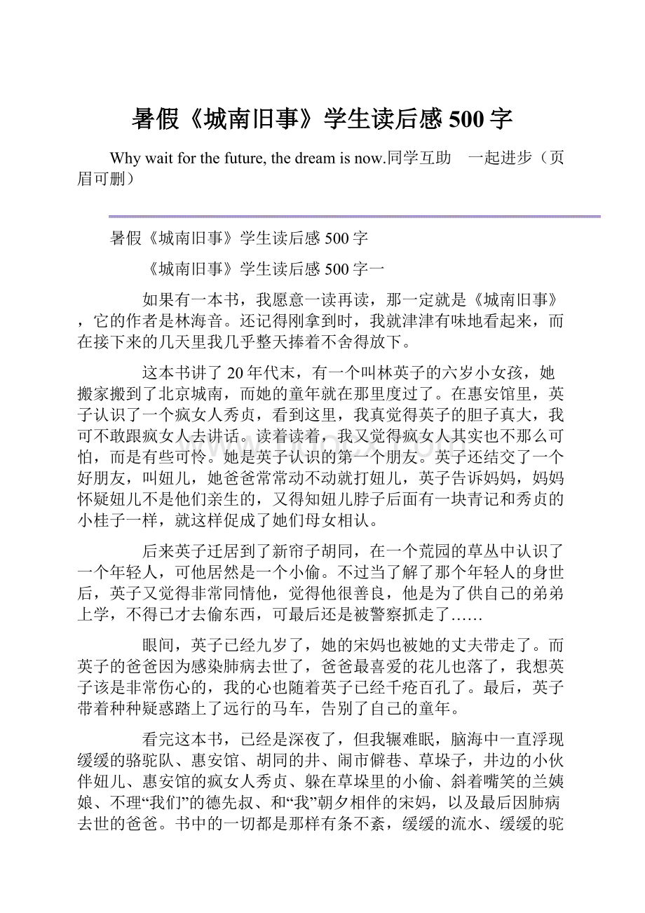 暑假《城南旧事》学生读后感500字.docx