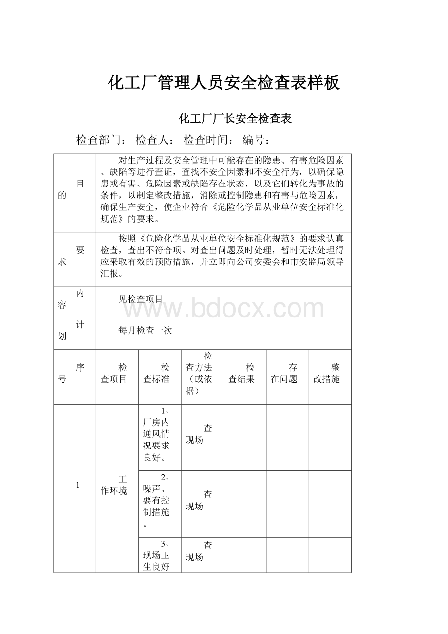 化工厂管理人员安全检查表样板.docx