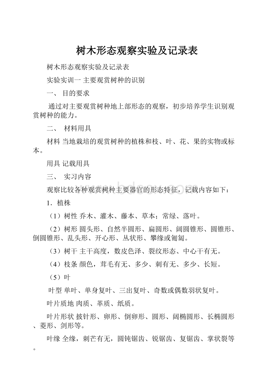 树木形态观察实验及记录表Word文档格式.docx