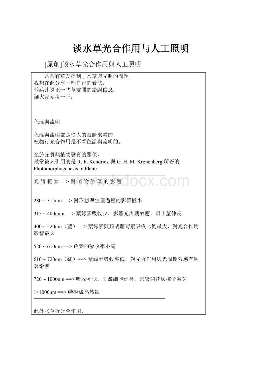 谈水草光合作用与人工照明Word文件下载.docx