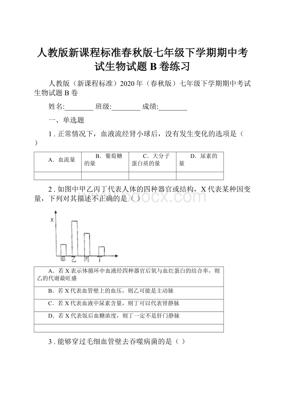 人教版新课程标准春秋版七年级下学期期中考试生物试题B卷练习.docx_第1页