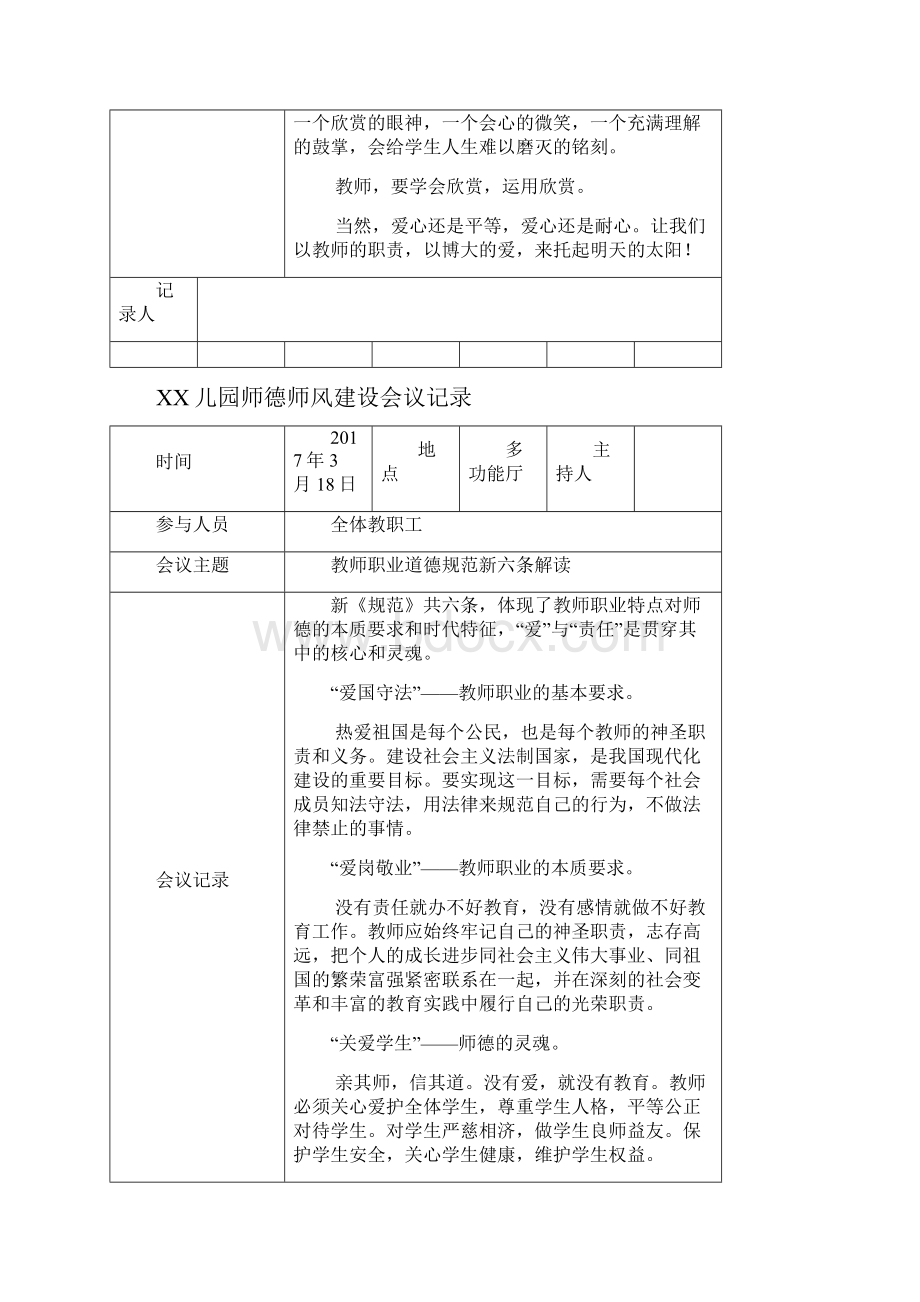 幼儿园师德师风会议记录16篇之欧阳育创编Word文档格式.docx_第3页