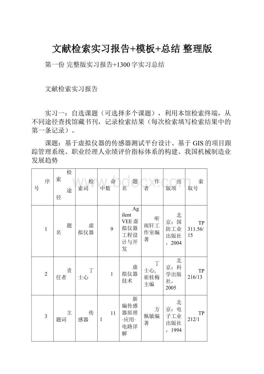 文献检索实习报告+模板+总结整理版.docx