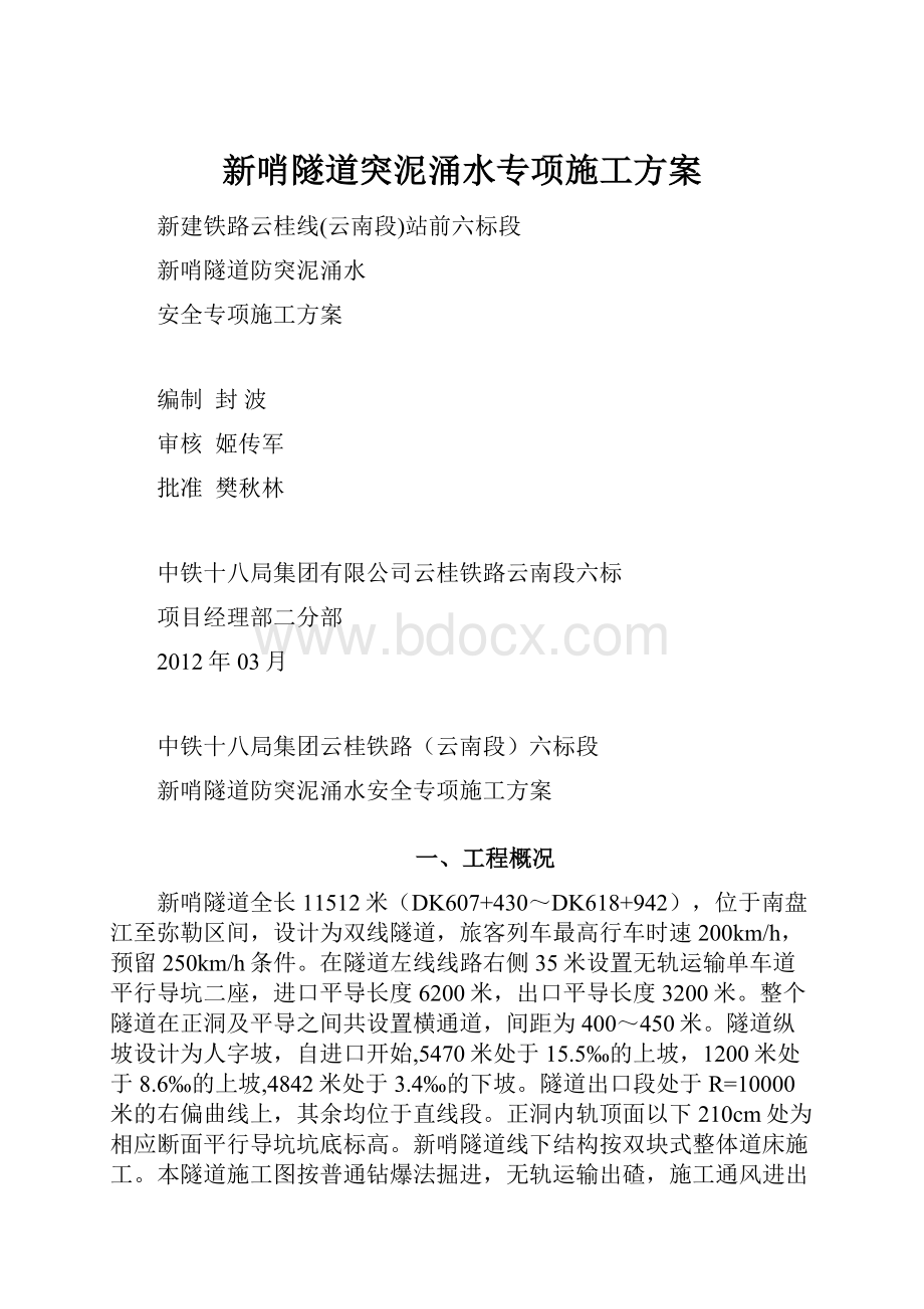 新哨隧道突泥涌水专项施工方案Word格式文档下载.docx_第1页