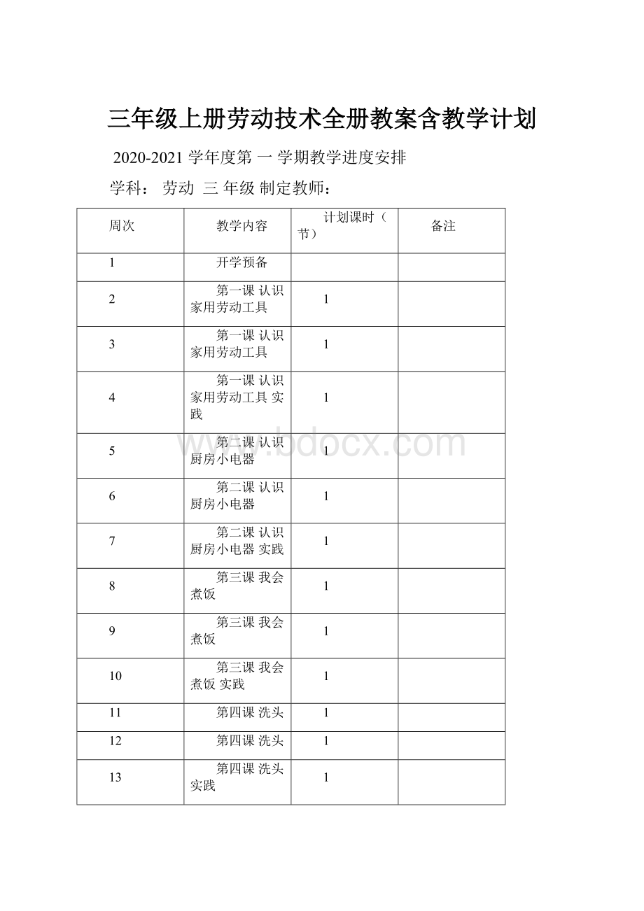 三年级上册劳动技术全册教案含教学计划Word格式文档下载.docx