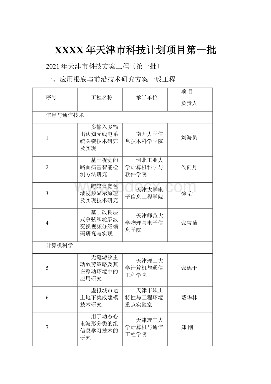 XXXX年天津市科技计划项目第一批.docx_第1页