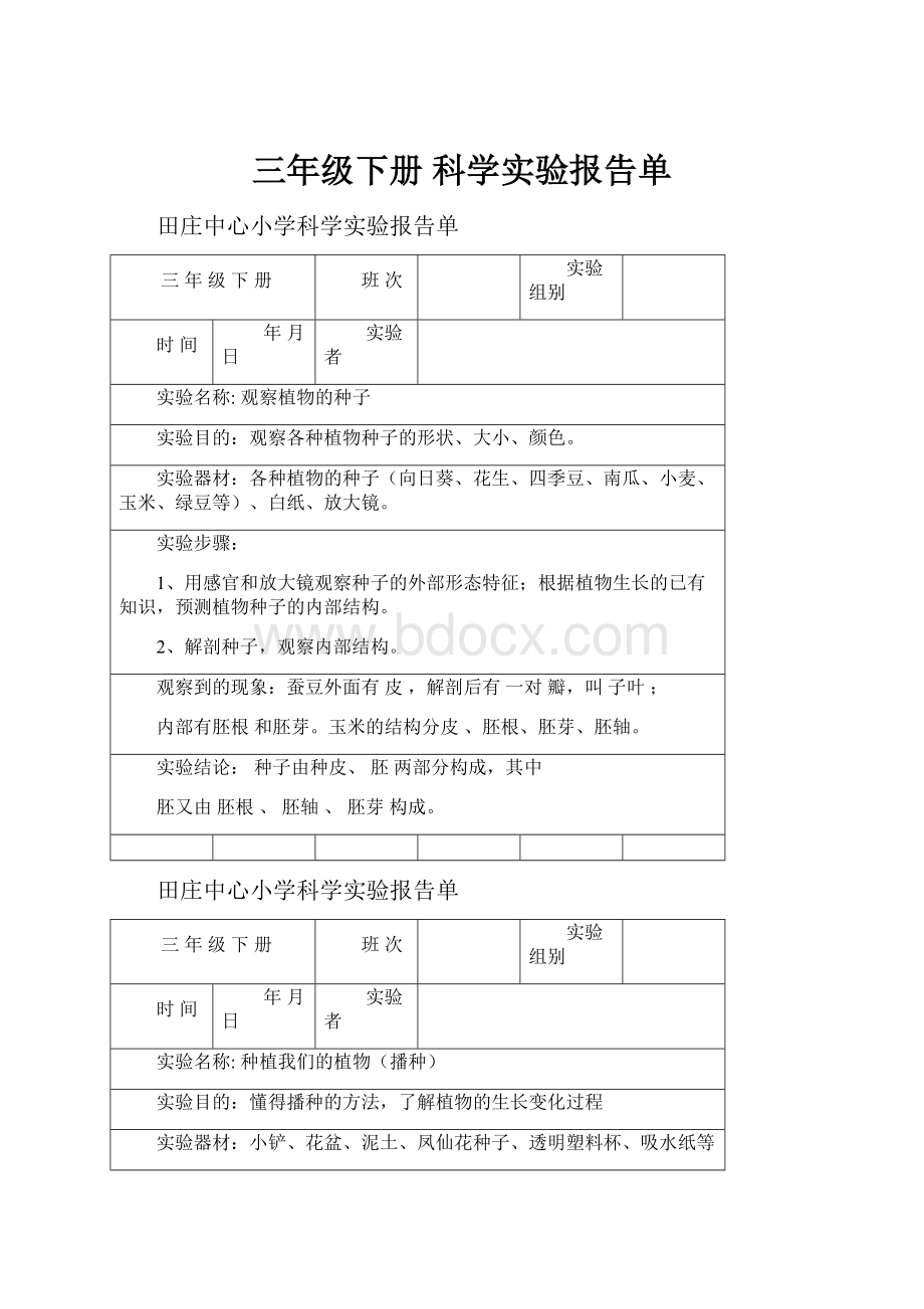 三年级下册科学实验报告单.docx