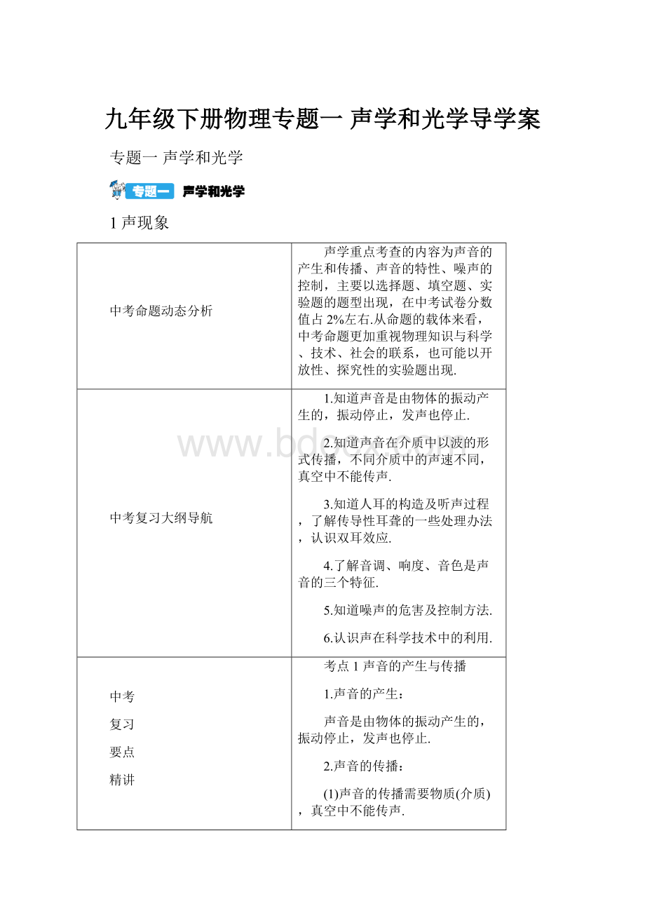 九年级下册物理专题一 声学和光学导学案.docx_第1页