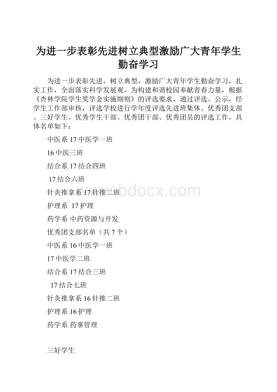 为进一步表彰先进树立典型激励广大青年学生勤奋学习.docx